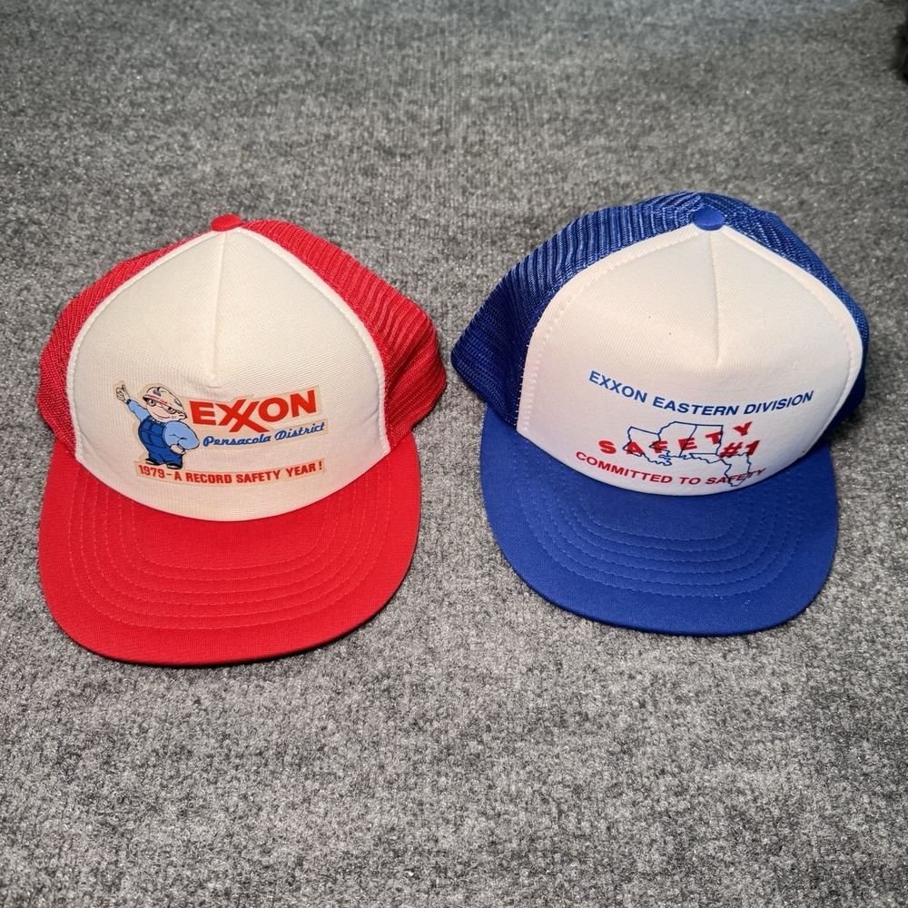 2 VTG  1970/80's EXXON Snapback Trucker‎ Hats Baseball Cap Pensacola Eastern Div